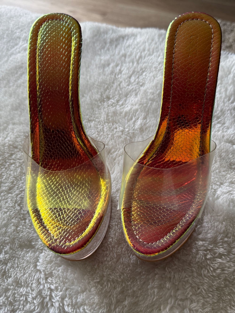 Chase + Chloe Iridescent Yellow-Orange Slide Heels